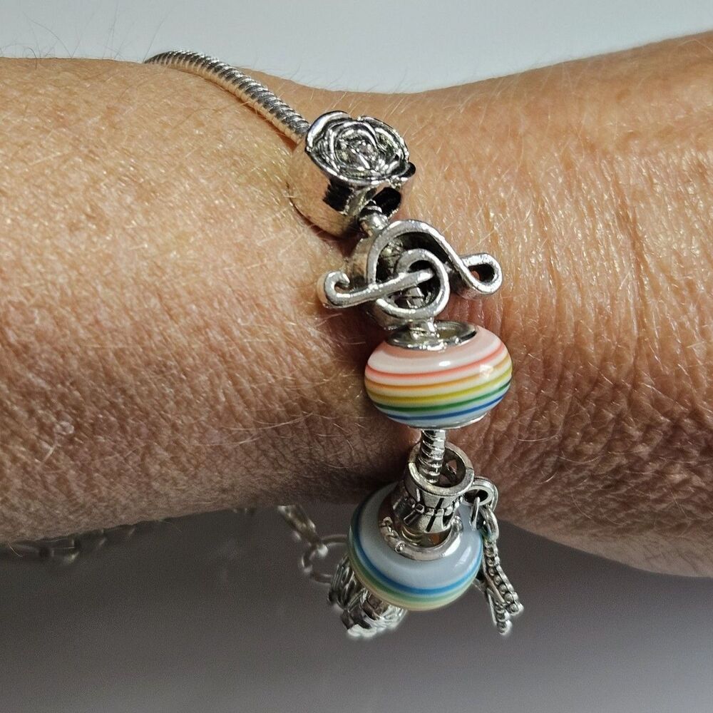 Silver Tone Slide Charm Bracelet With Charms - Some Sterling Silver 7-9"